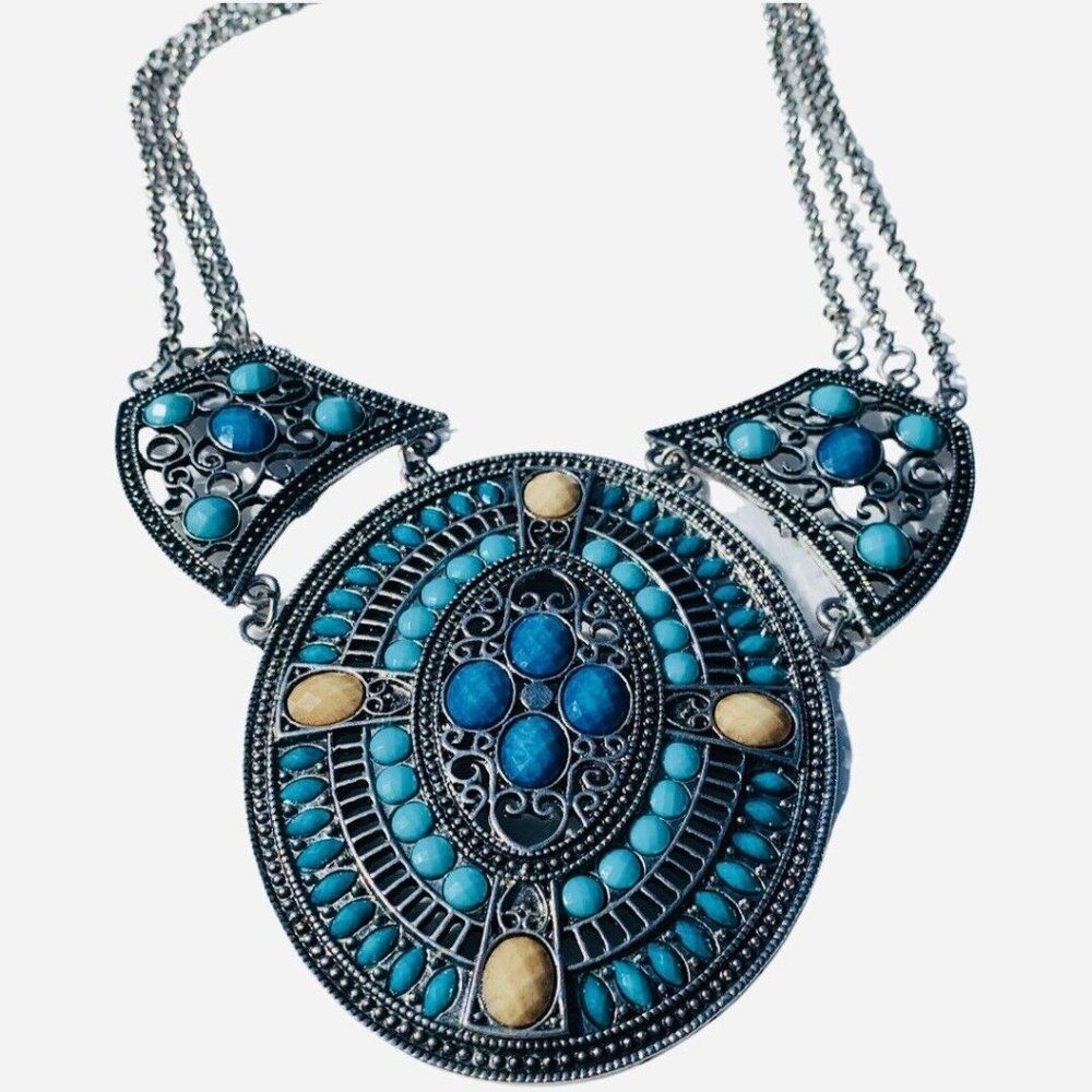 Vintage Southwestern Mosaic Turquoise Faceted Silver Tone Statement Necklace 21”